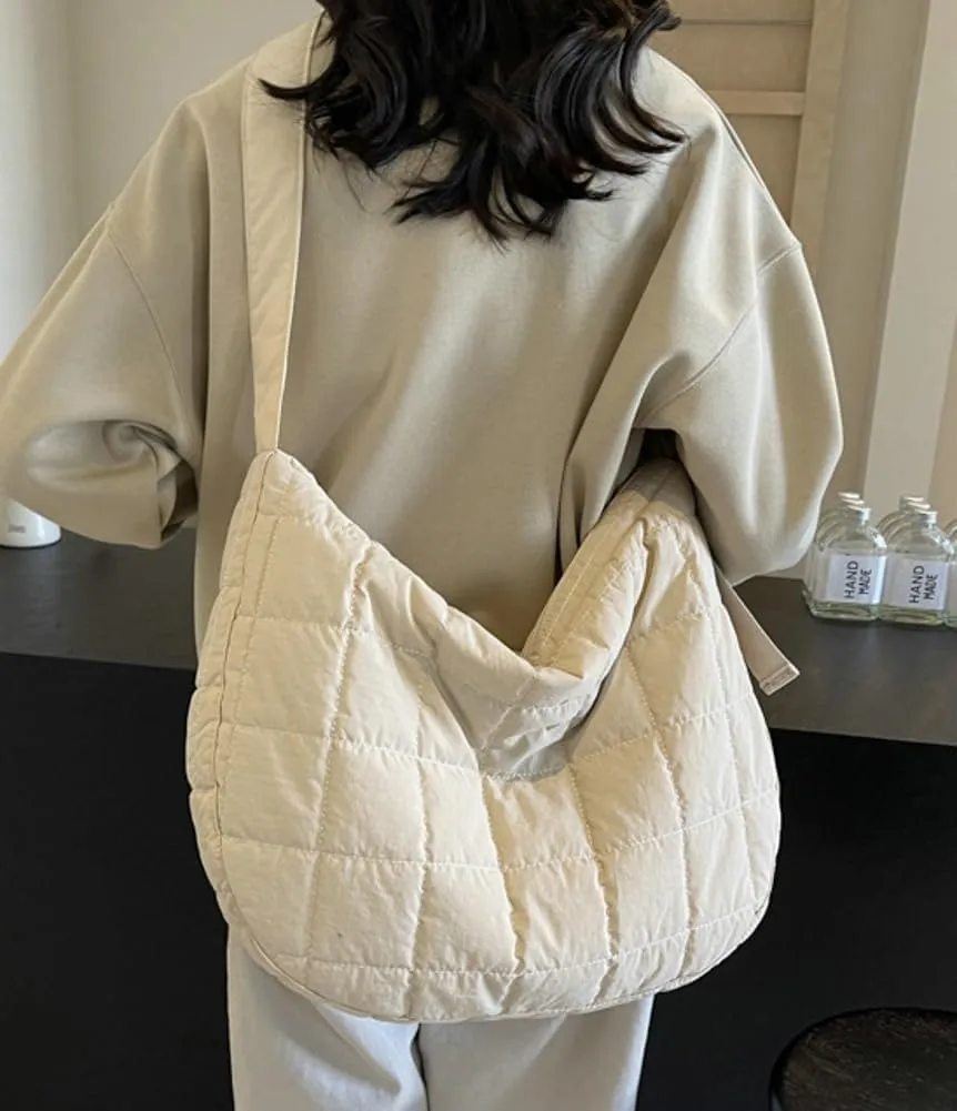 Quilted Shoulder Bags for Women Soft Nylon Tote Crossbody Purse Large Handbag Work Messenger Bag with Zipper