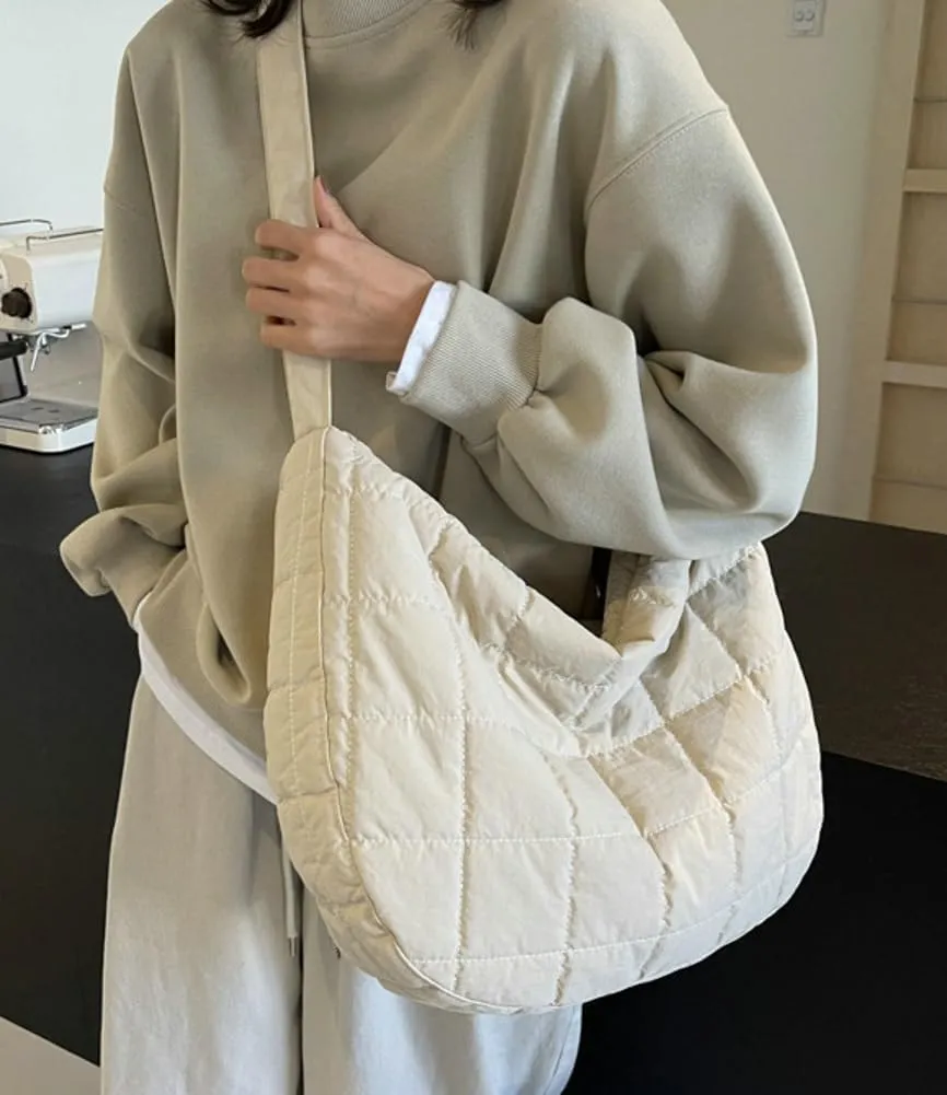 Quilted Shoulder Bags for Women Soft Nylon Tote Crossbody Purse Large Handbag Work Messenger Bag with Zipper