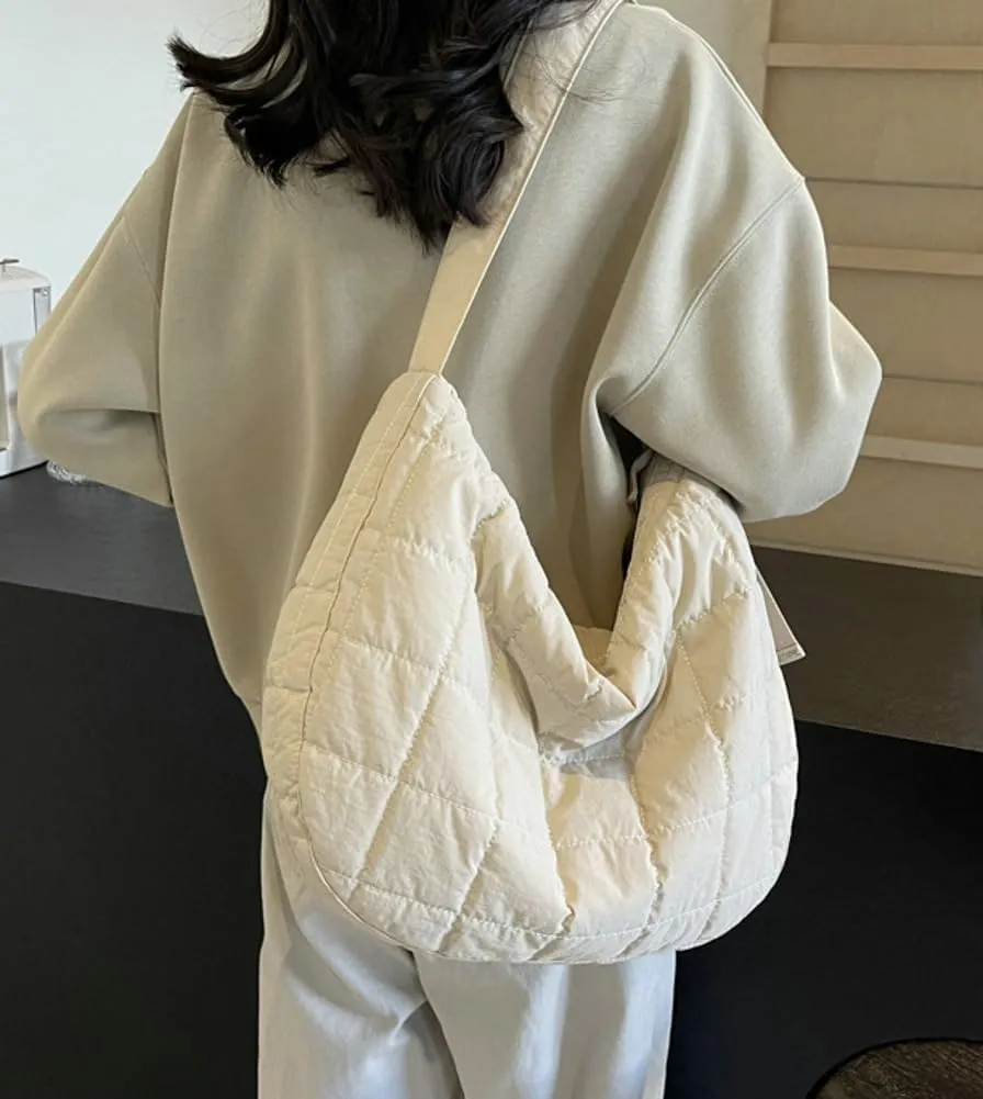 Quilted Shoulder Bags for Women Soft Nylon Tote Crossbody Purse Large Handbag Work Messenger Bag with Zipper