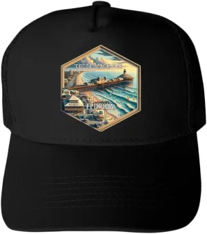R and R Imports Cocoa Beach Pier Florida Souvenir Black Unisex Mesh Back Trucker Hat with Adjustable Snapback