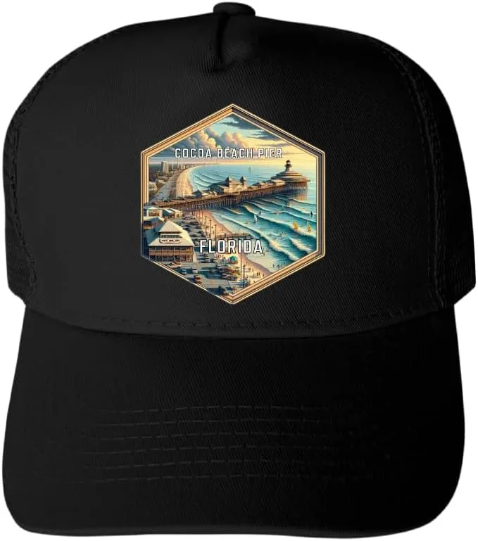 R and R Imports Cocoa Beach Pier Florida Souvenir Black Unisex Mesh Back Trucker Hat with Adjustable Snapback