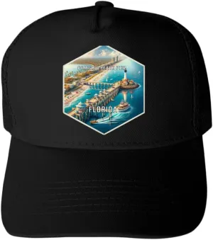 R and R Imports Pompano Beach Pier Florida Souvenir Black Unisex Mesh Back Trucker Hat with Adjustable Snapback