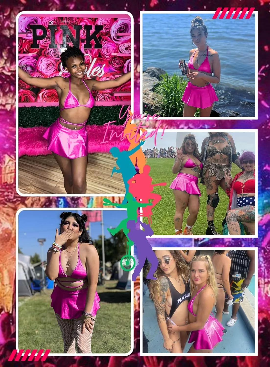 Rave Outfits for Women - EDC Sexy Music Festival Metallic Holographic Strappy Bikini Top Bottom Beach Skirt 3 pcs
