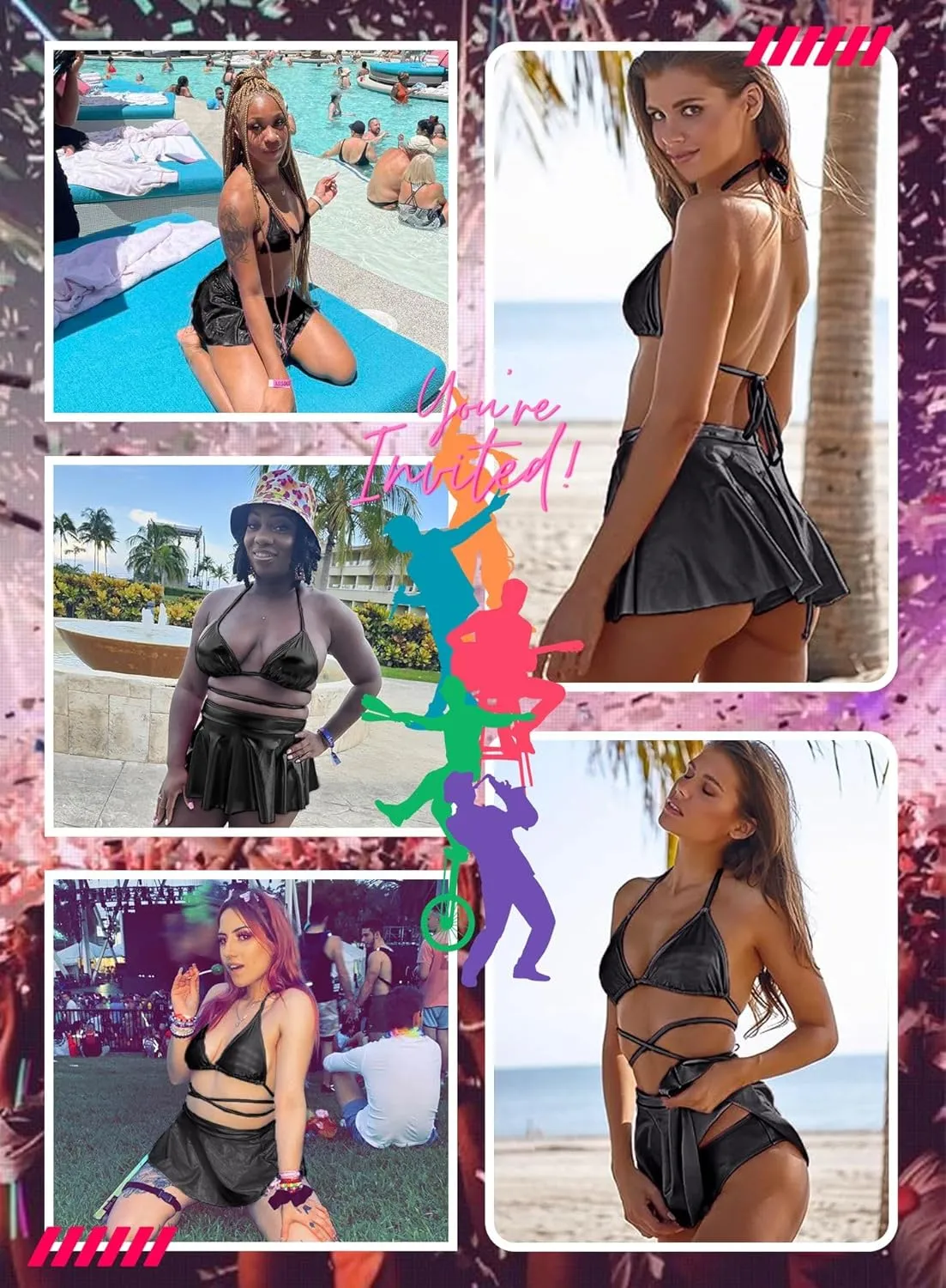 Rave Outfits for Women - EDC Sexy Music Festival Metallic Holographic Strappy Bikini Top Bottom Beach Skirt 3 pcs