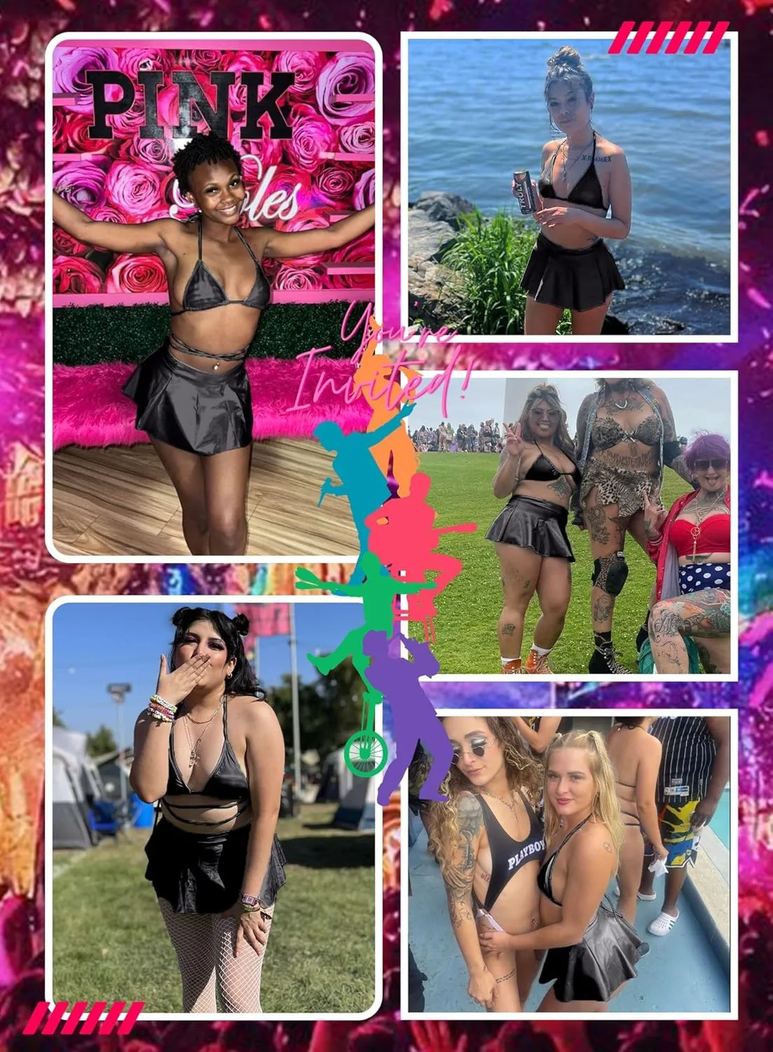 Rave Outfits for Women - EDC Sexy Music Festival Metallic Holographic Strappy Bikini Top Bottom Beach Skirt 3 pcs