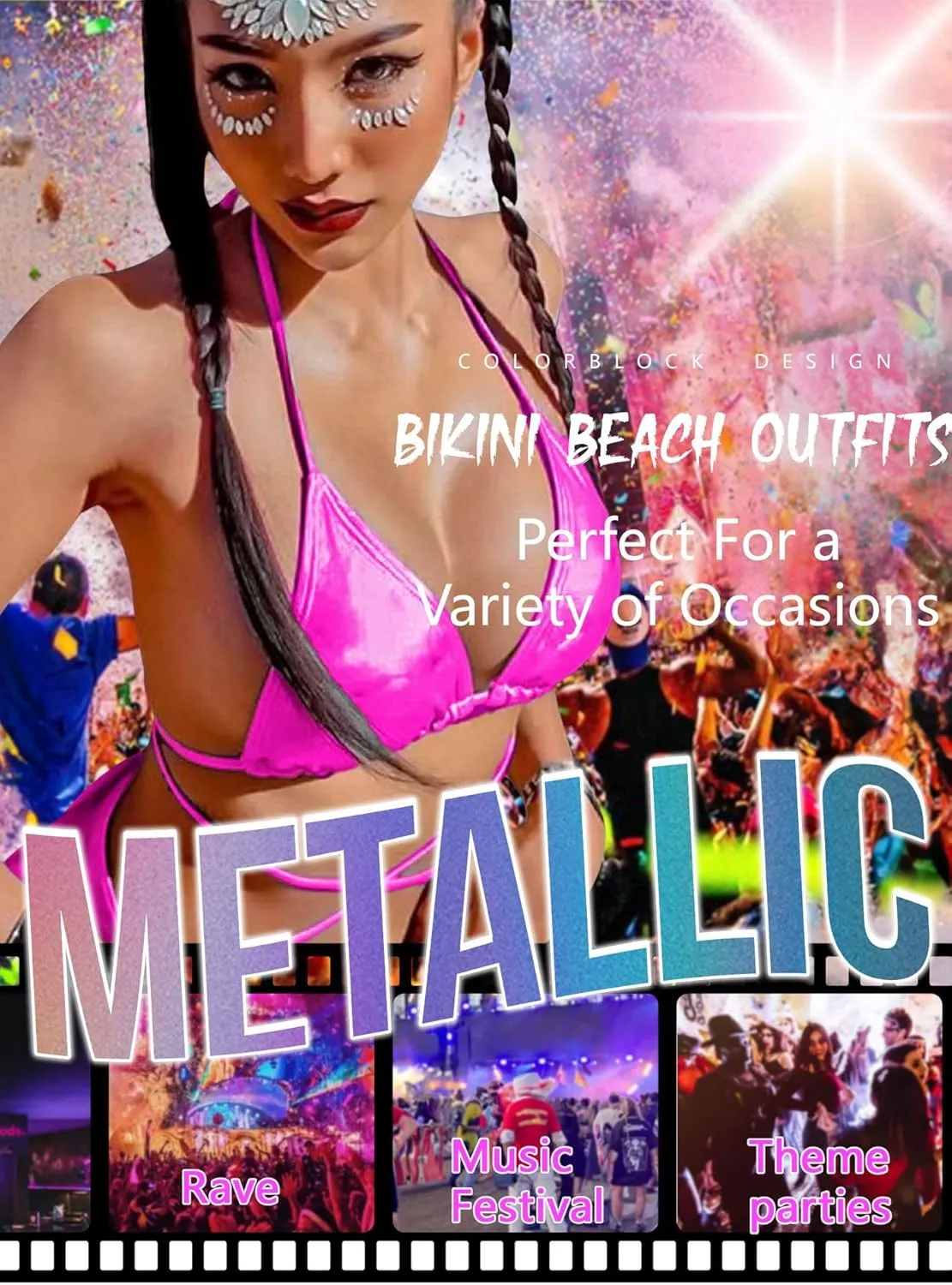 Rave Outfits for Women - EDC Sexy Music Festival Metallic Holographic Strappy Bikini Top Bottom Beach Skirt 3 pcs