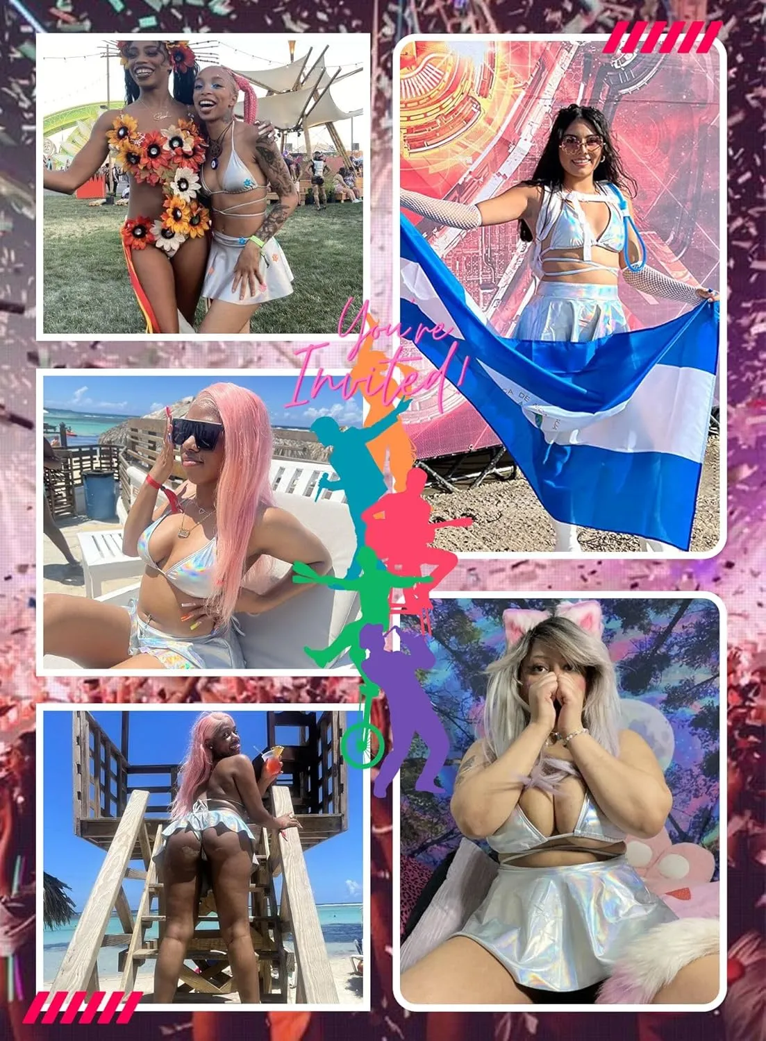 Rave Outfits for Women - EDC Sexy Music Festival Metallic Holographic Strappy Bikini Top Bottom Beach Skirt 3 pcs