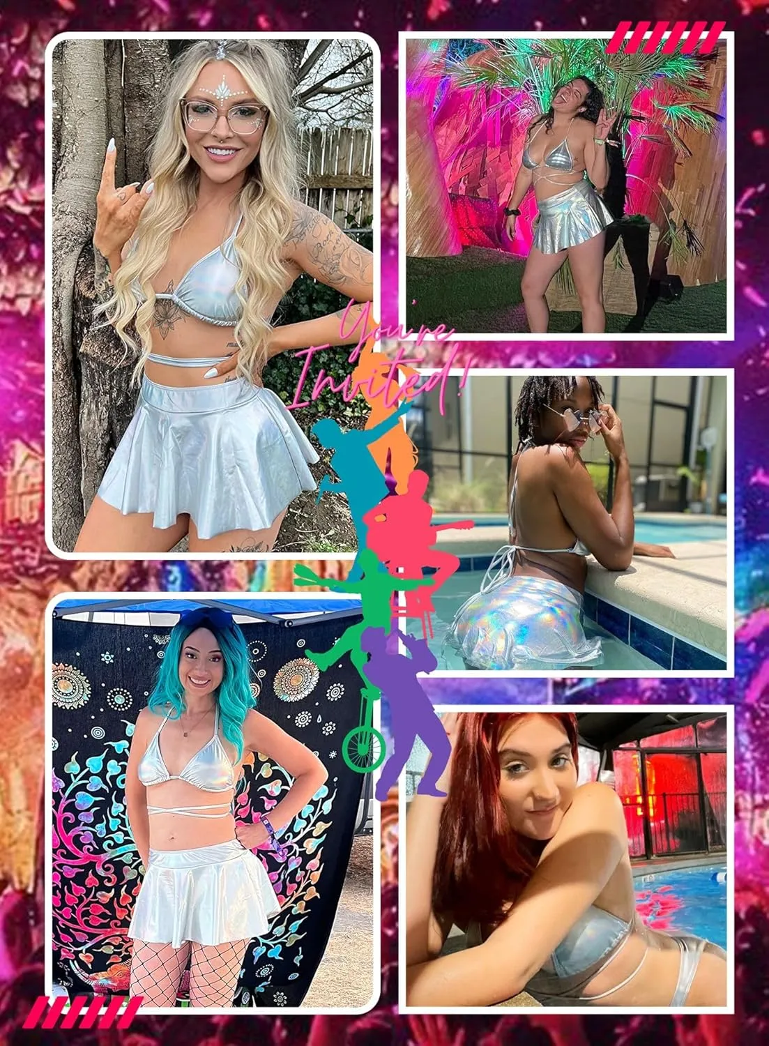 Rave Outfits for Women - EDC Sexy Music Festival Metallic Holographic Strappy Bikini Top Bottom Beach Skirt 3 pcs