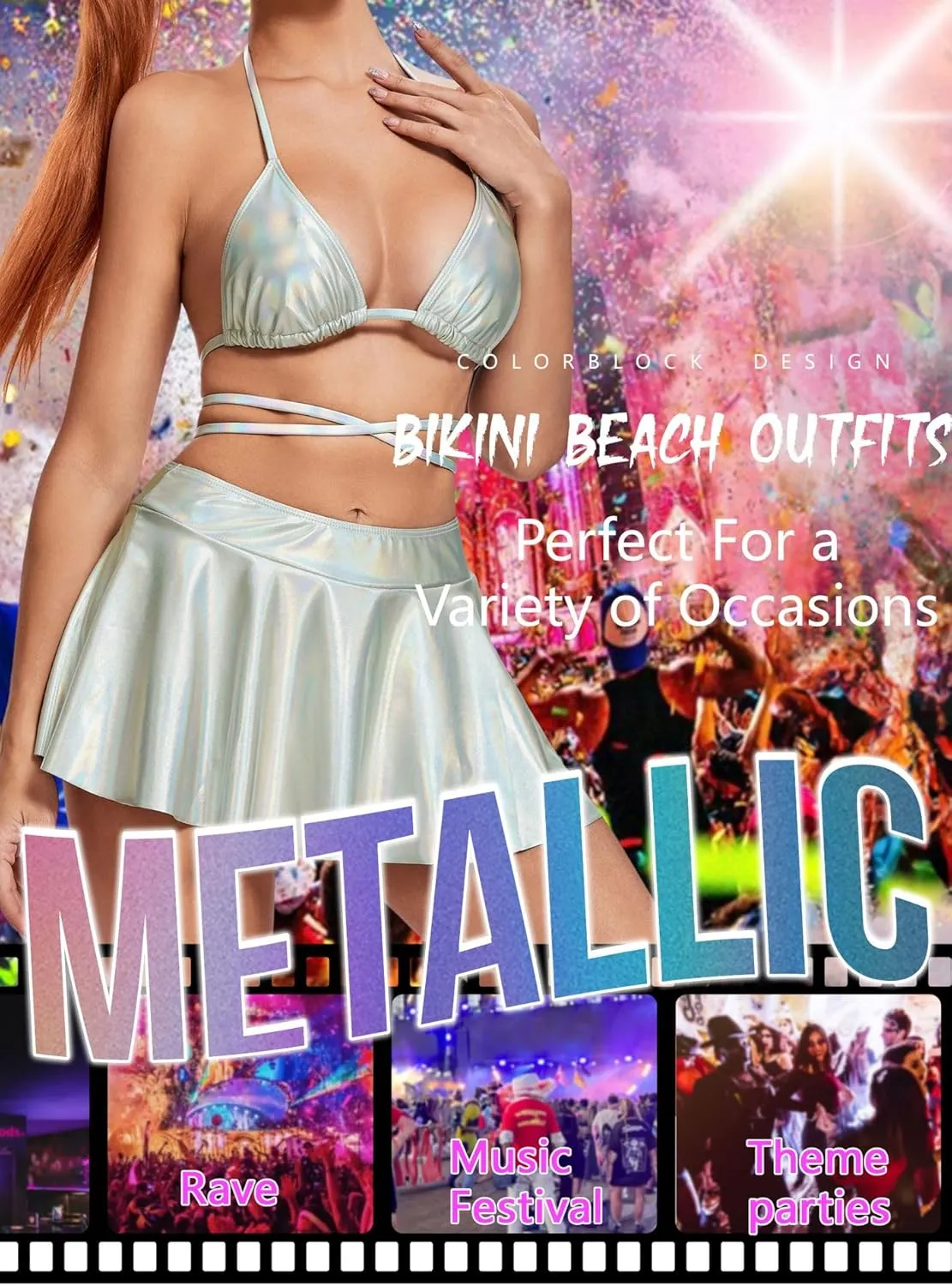 Rave Outfits for Women - EDC Sexy Music Festival Metallic Holographic Strappy Bikini Top Bottom Beach Skirt 3 pcs