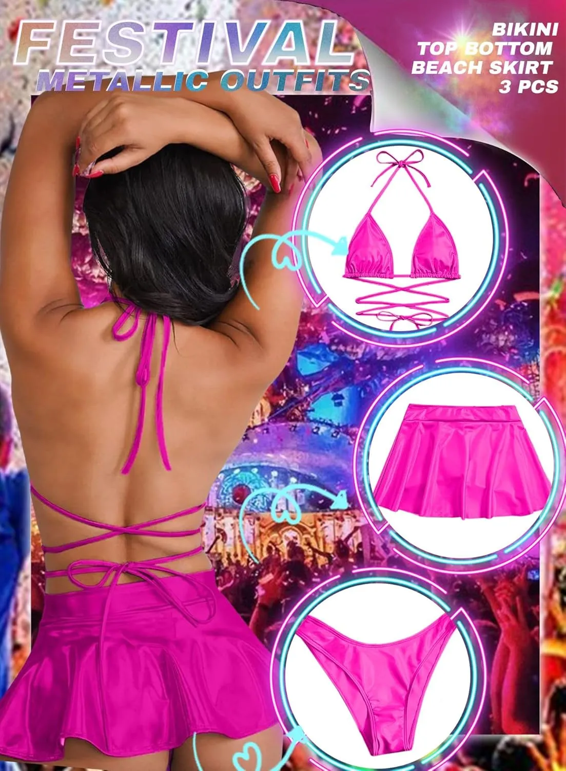 Rave Outfits for Women - EDC Sexy Music Festival Metallic Holographic Strappy Bikini Top Bottom Beach Skirt 3 pcs