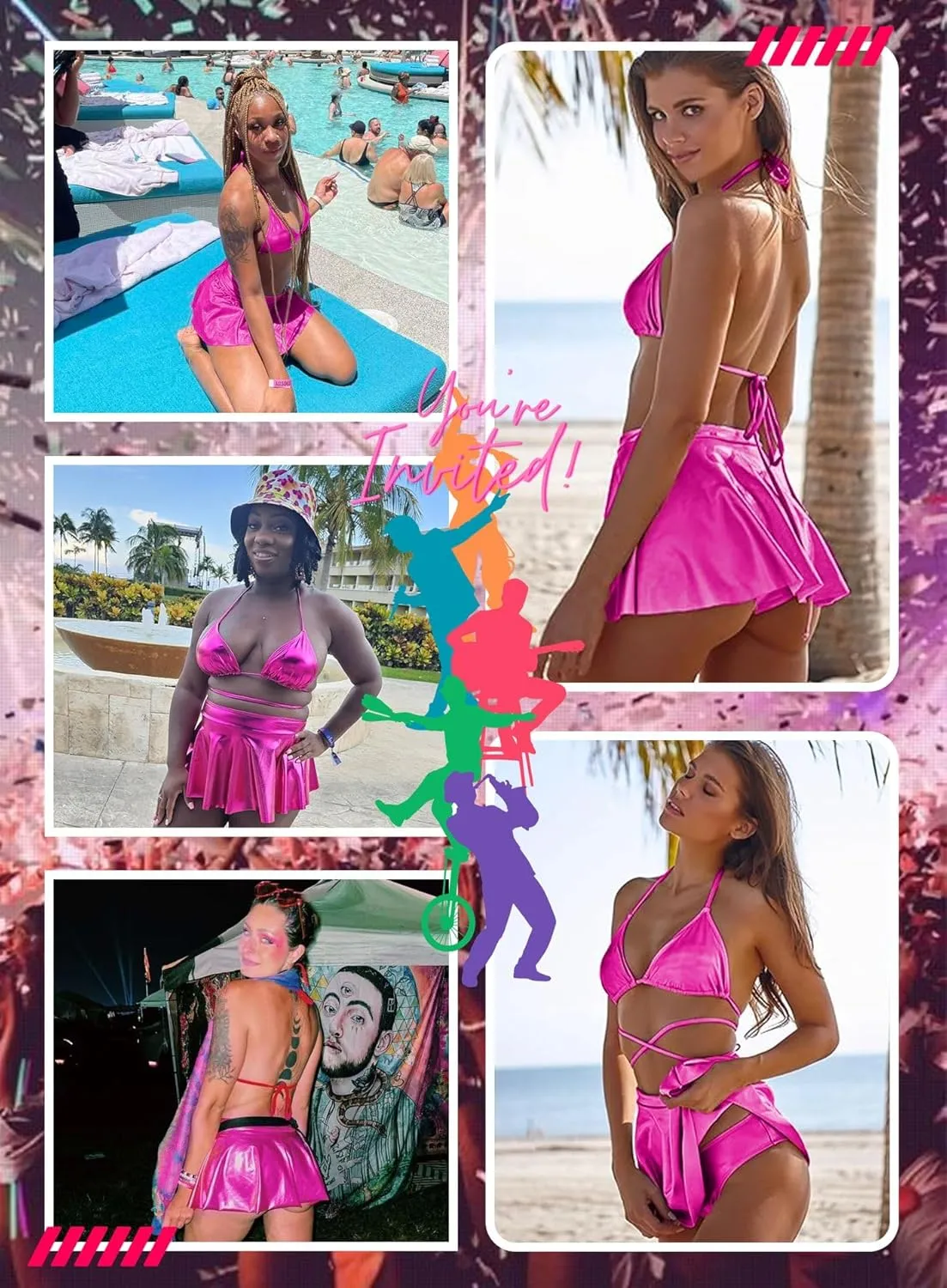 Rave Outfits for Women - EDC Sexy Music Festival Metallic Holographic Strappy Bikini Top Bottom Beach Skirt 3 pcs