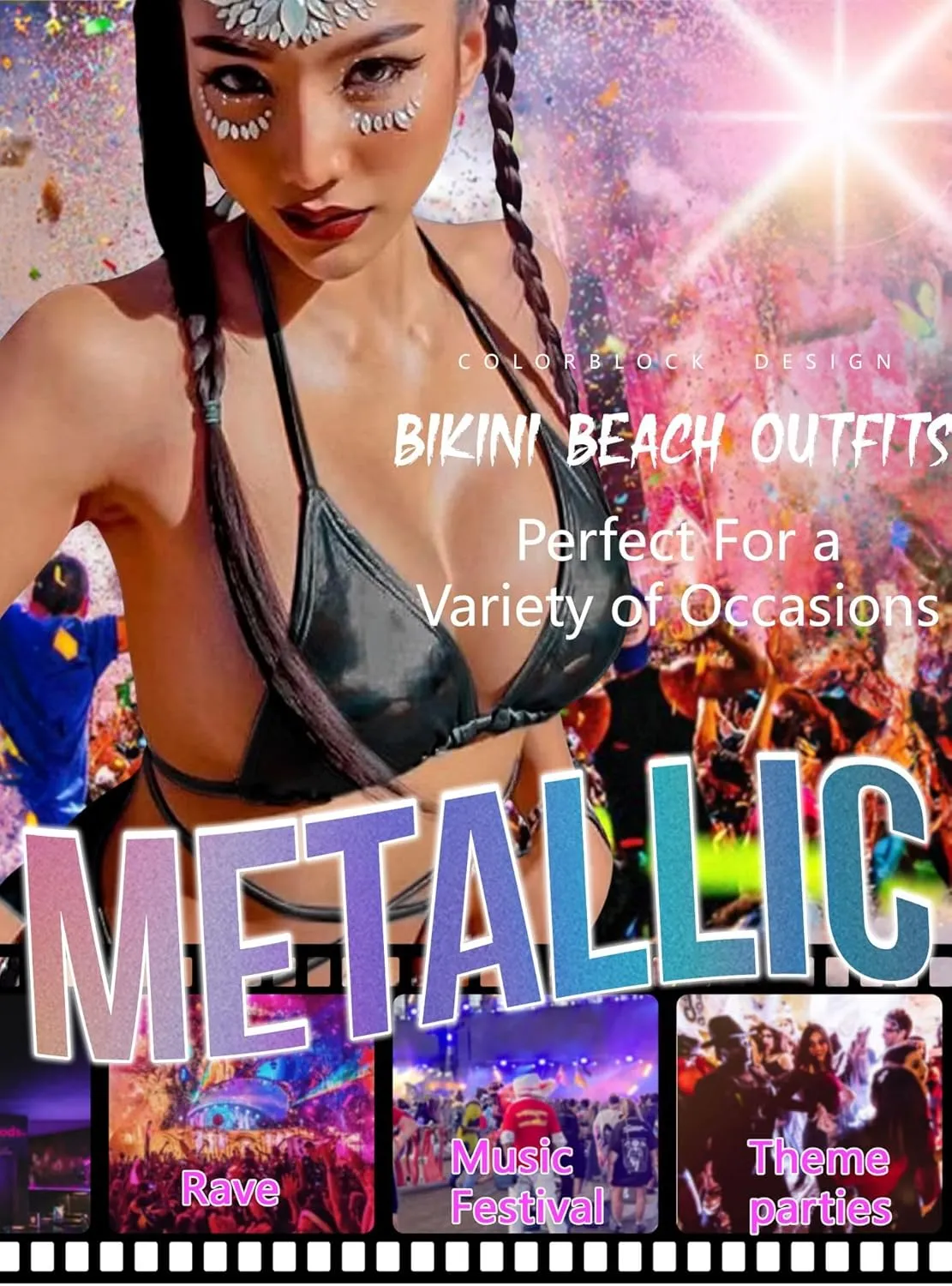 Rave Outfits for Women - EDC Sexy Music Festival Metallic Holographic Strappy Bikini Top Bottom Beach Skirt 3 pcs