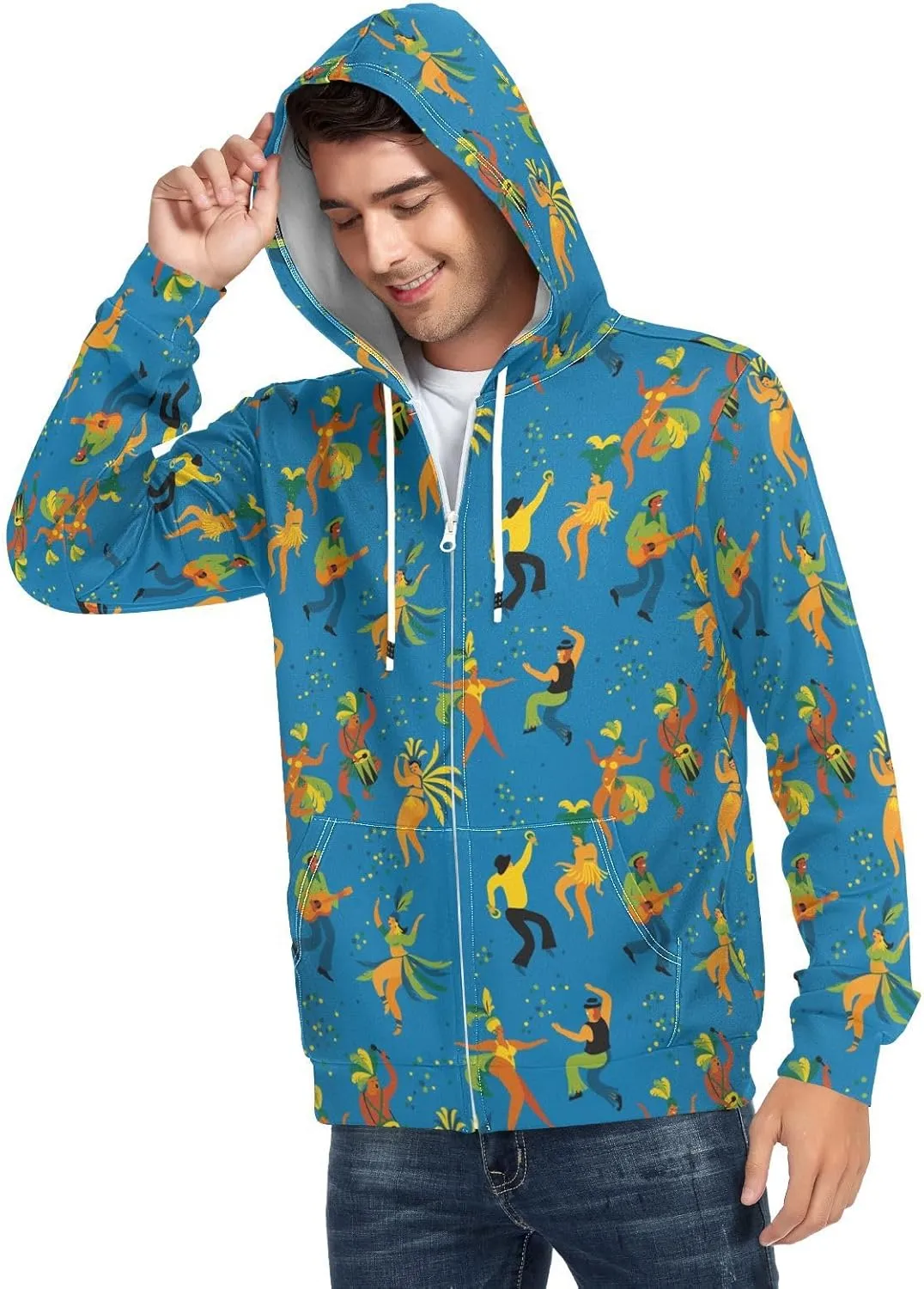 Red Glitter Print Men's Quilted Lined Flannel Jacket with Hood Full-Zip Fleece Hoodie