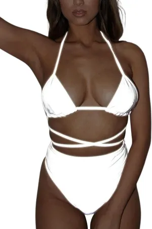 Reflective Rave Outfits for Women - Sexy Festival Halter Triangle Top High Waist Thong EDM Night Metallic Bikini Set