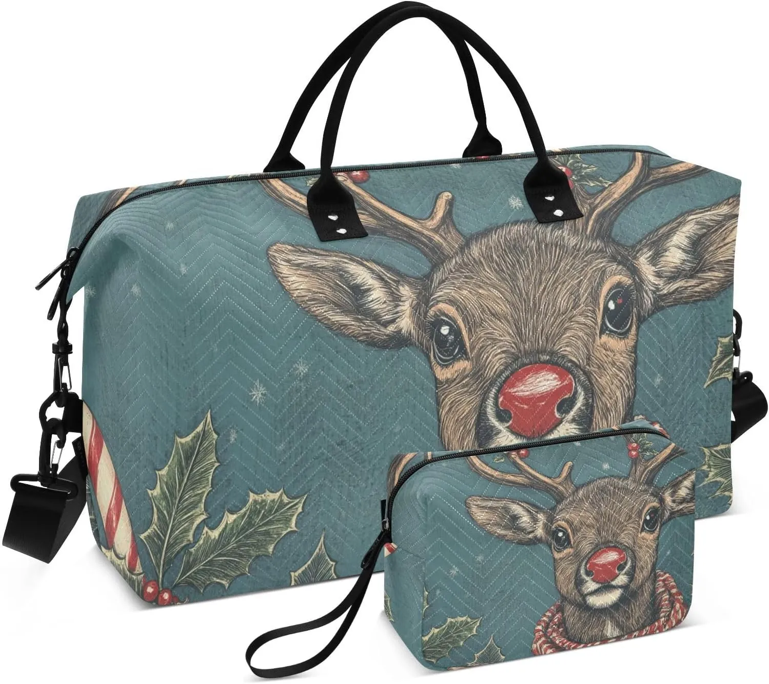 Reindeer Christmas Candy Travel Duffel Bag, Gym Bags with Multiple Interior Pockets for Men Women Toiletry Purse Included 20.5”x 1.9” x 13.8”