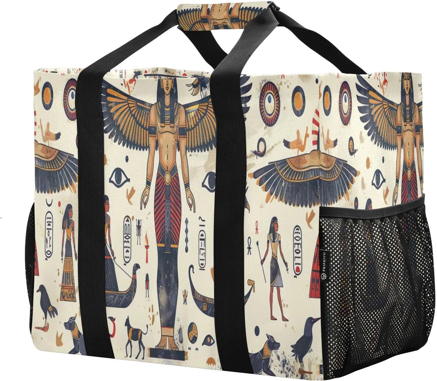 Reusable Grocery Bags with Reinforced Handles & Side Pockets, Egyptian Murals Waterproof Beach Tote Bag Large Foldable Handbags for Shopping, Travel, Gym