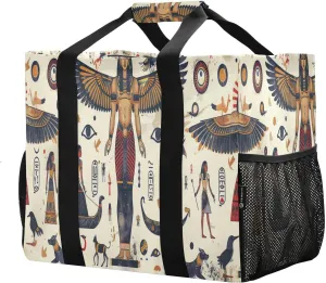 Reusable Grocery Bags with Reinforced Handles & Side Pockets, Egyptian Murals Waterproof Beach Tote Bag Large Foldable Handbags for Shopping, Travel, Gym