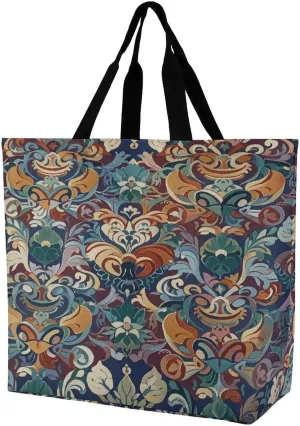 Reusable Grocery Shopping Cloth Bags Medieval Flowers Print Shoulder Tote Bag Fashionable Tote Handbag for Work Beach Travel Shopping