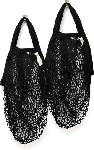 Reusable Produce Net Bags Grocery Washable, Mesh Bags For Vegetables, 2 Pack! GOTS-Certified Organic Cotton String mesh Net Market Bag | Mesh Produce Bag Black Color Regular Handles