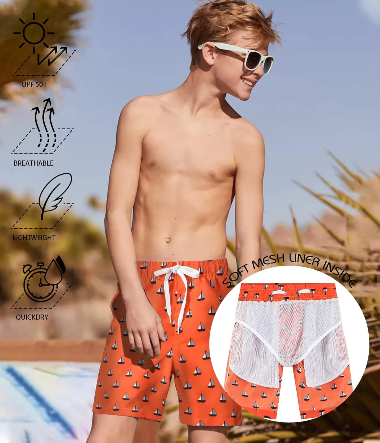Rolimaka 3 Pack Boy's Swim Trunks Kid Board Shorts with Mesh Lining Youth Swimwear
