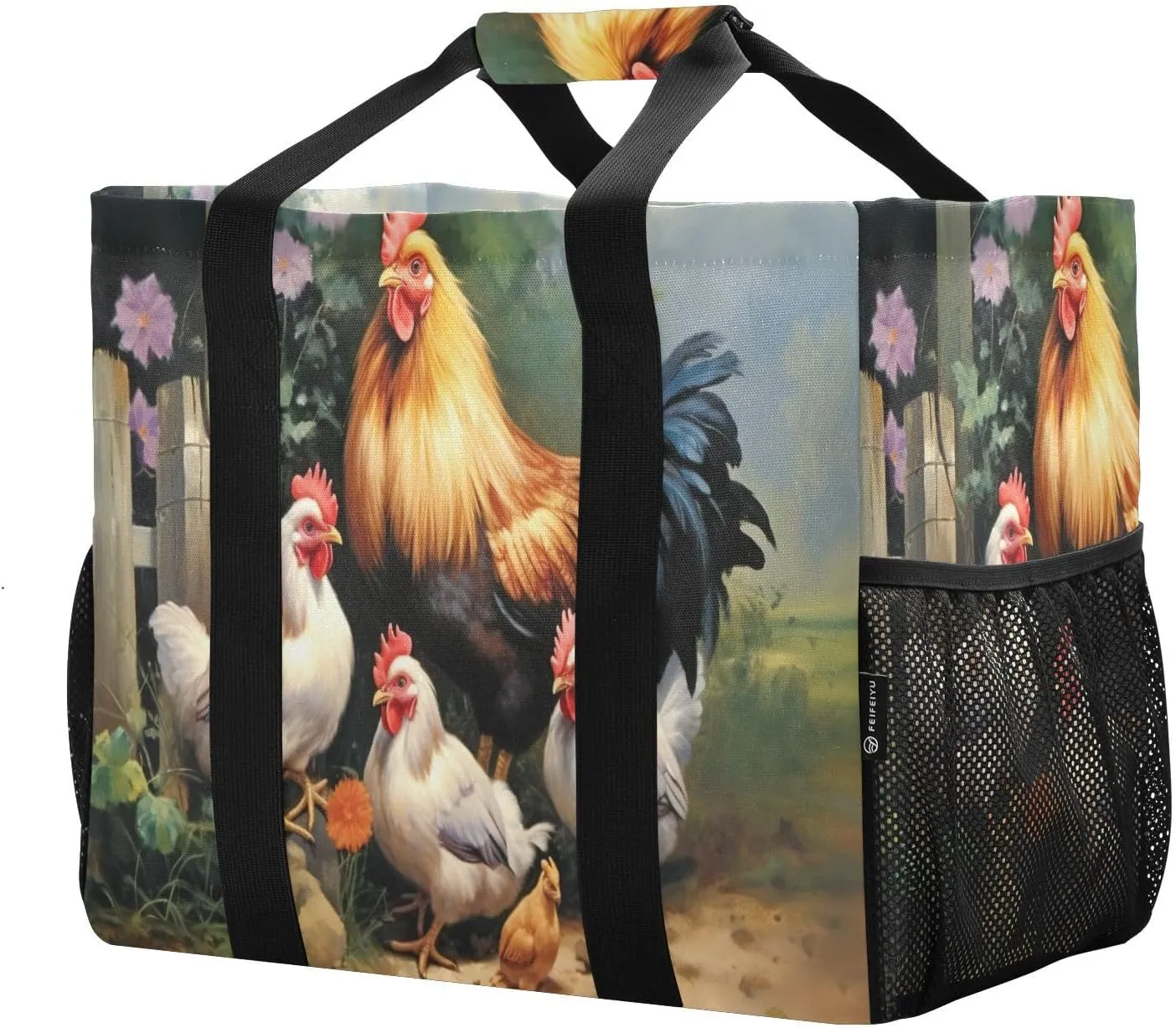 Rooster Large Foldable Travel Tote Bag, Lightweight Waterproof Swim Pool Bag with Handles & Pocket for Beach Outdoor, Reusable Grocery Bag for Kitchen, Shopping