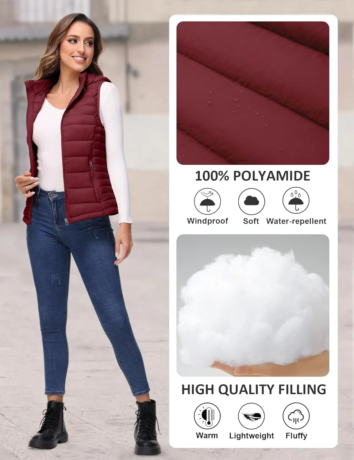 ROYAL MATRIX Packable Puffer Vest for Women Lightweight Winter Warm Puffy Vest with Detachable Hood