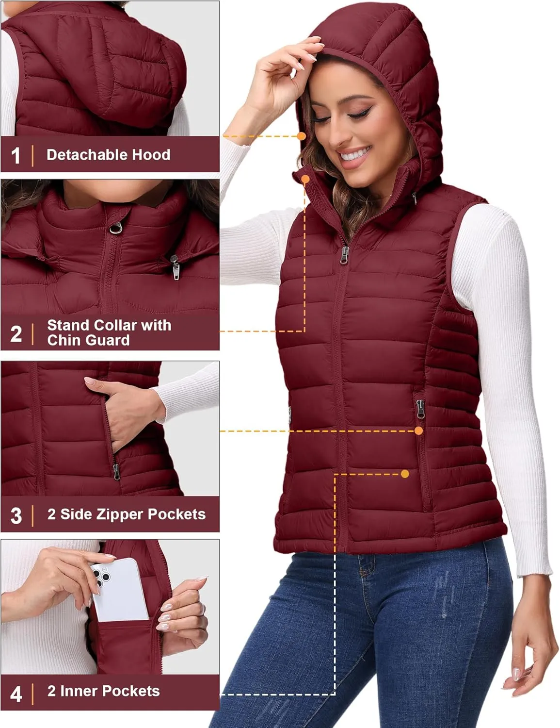 ROYAL MATRIX Packable Puffer Vest for Women Lightweight Winter Warm Puffy Vest with Detachable Hood