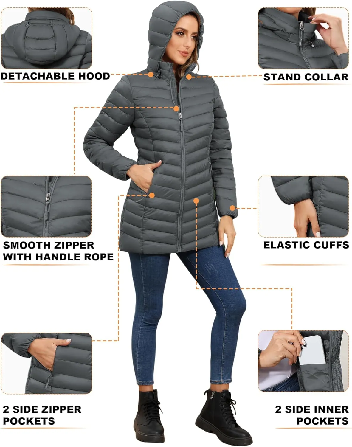 ROYAL MATRIX Women's Packable Puffer Jacket - Lightweight Winter Warm Long Quilted Puffer Coat with Detachable Hood
