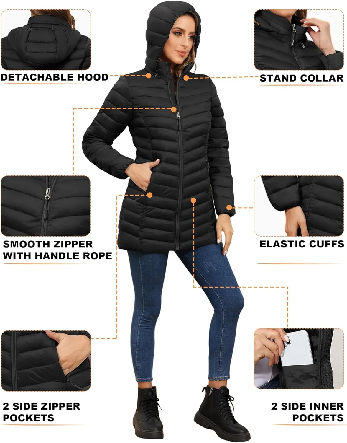 ROYAL MATRIX Women's Packable Puffer Jacket - Lightweight Winter Warm Long Quilted Puffer Coat with Detachable Hood