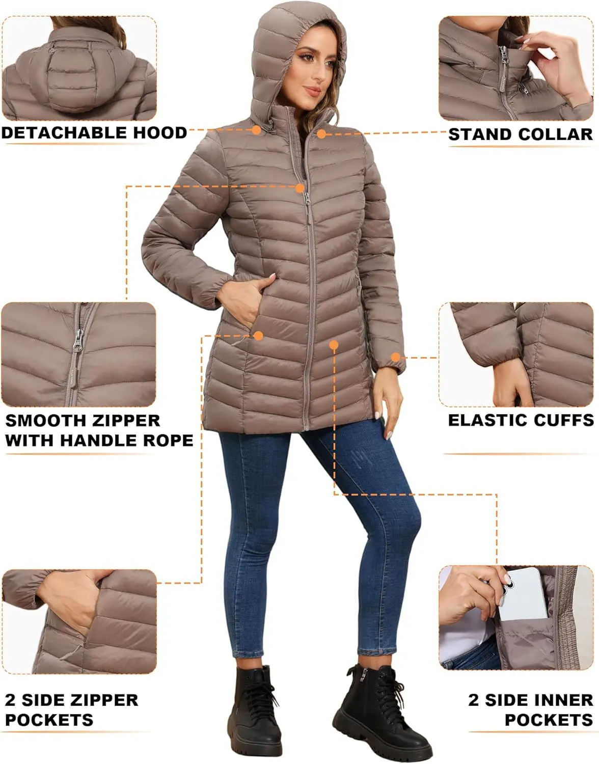 ROYAL MATRIX Women's Packable Puffer Jacket - Lightweight Winter Warm Long Quilted Puffer Coat with Detachable Hood