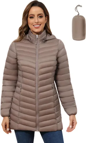 ROYAL MATRIX Women's Packable Puffer Jacket - Lightweight Winter Warm Long Quilted Puffer Coat with Detachable Hood