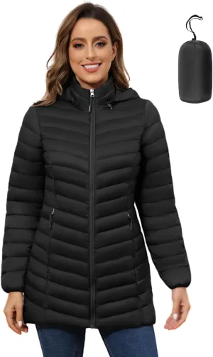 ROYAL MATRIX Women's Packable Puffer Jacket - Lightweight Winter Warm Long Quilted Puffer Coat with Detachable Hood