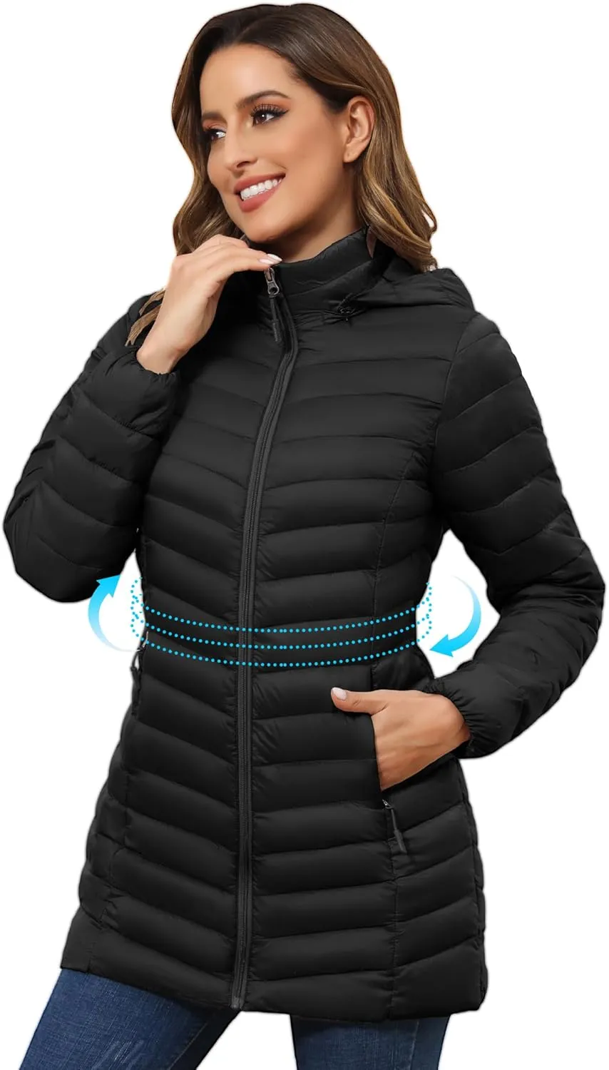 ROYAL MATRIX Women's Packable Puffer Jacket - Lightweight Winter Warm Long Quilted Puffer Coat with Detachable Hood