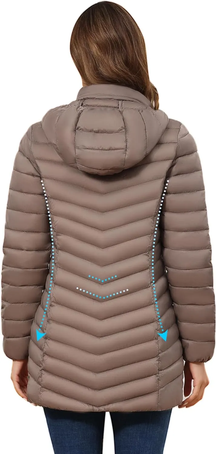 ROYAL MATRIX Women's Packable Puffer Jacket - Lightweight Winter Warm Long Quilted Puffer Coat with Detachable Hood
