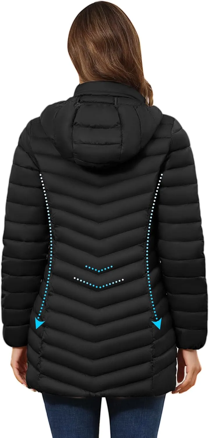 ROYAL MATRIX Women's Packable Puffer Jacket - Lightweight Winter Warm Long Quilted Puffer Coat with Detachable Hood