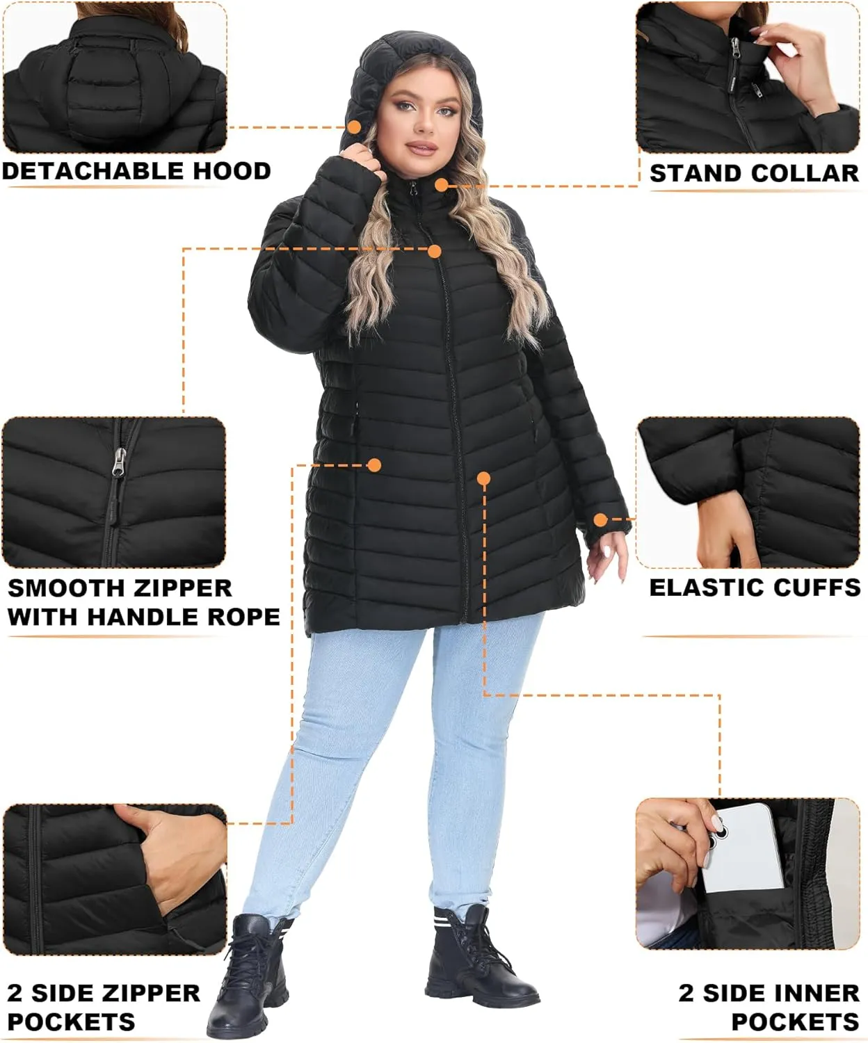 ROYAL MATRIX Women's Packable Puffer Jacket - Lightweight Winter Warm Long Quilted Puffer Coat with Detachable Hood