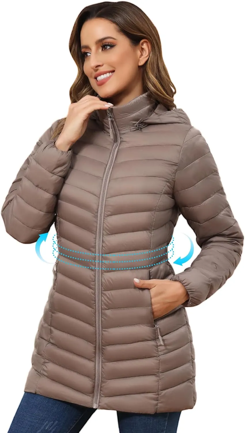 ROYAL MATRIX Women's Packable Puffer Jacket - Lightweight Winter Warm Long Quilted Puffer Coat with Detachable Hood