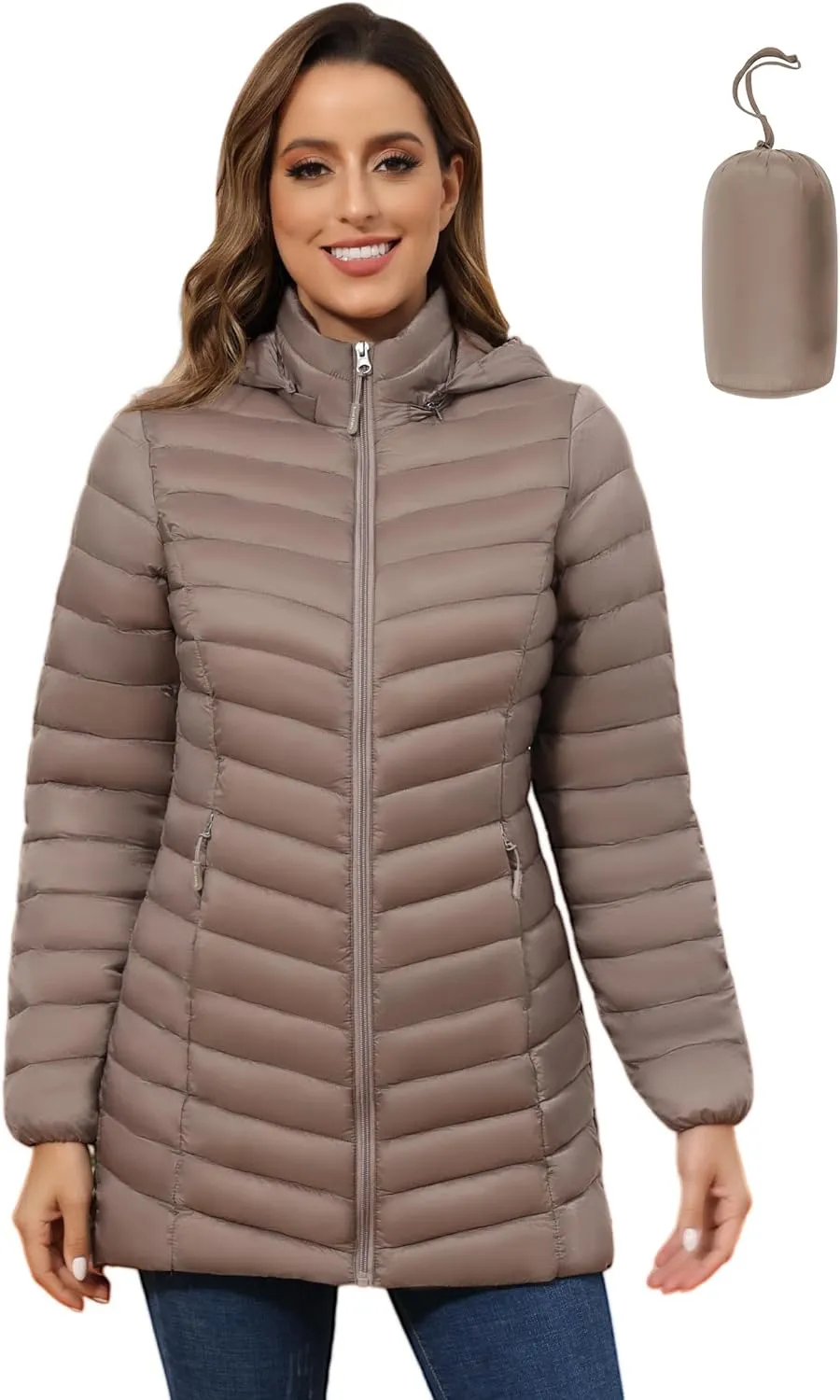 ROYAL MATRIX Women's Packable Puffer Jacket - Lightweight Winter Warm Long Quilted Puffer Coat with Detachable Hood