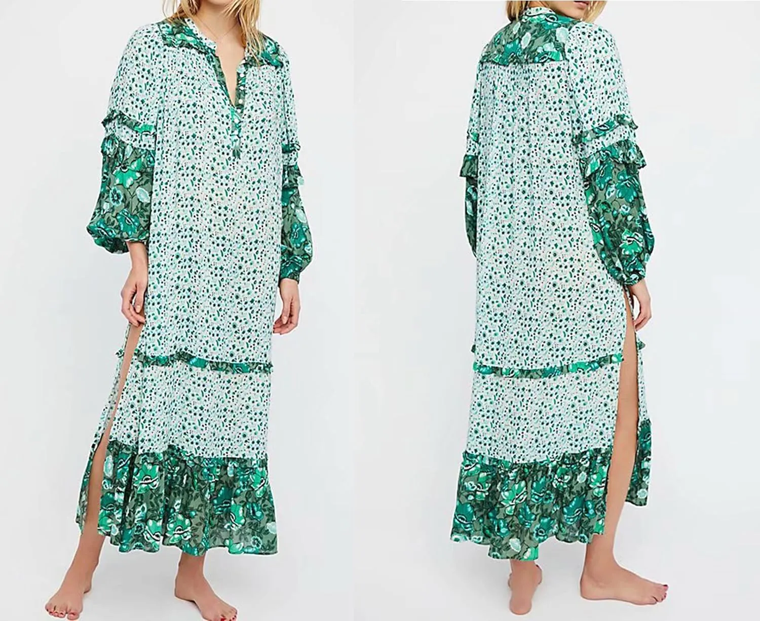 R.Vivimos Women's Long Sleeve Floral Print Bohemian Maxi Dresses with Slit