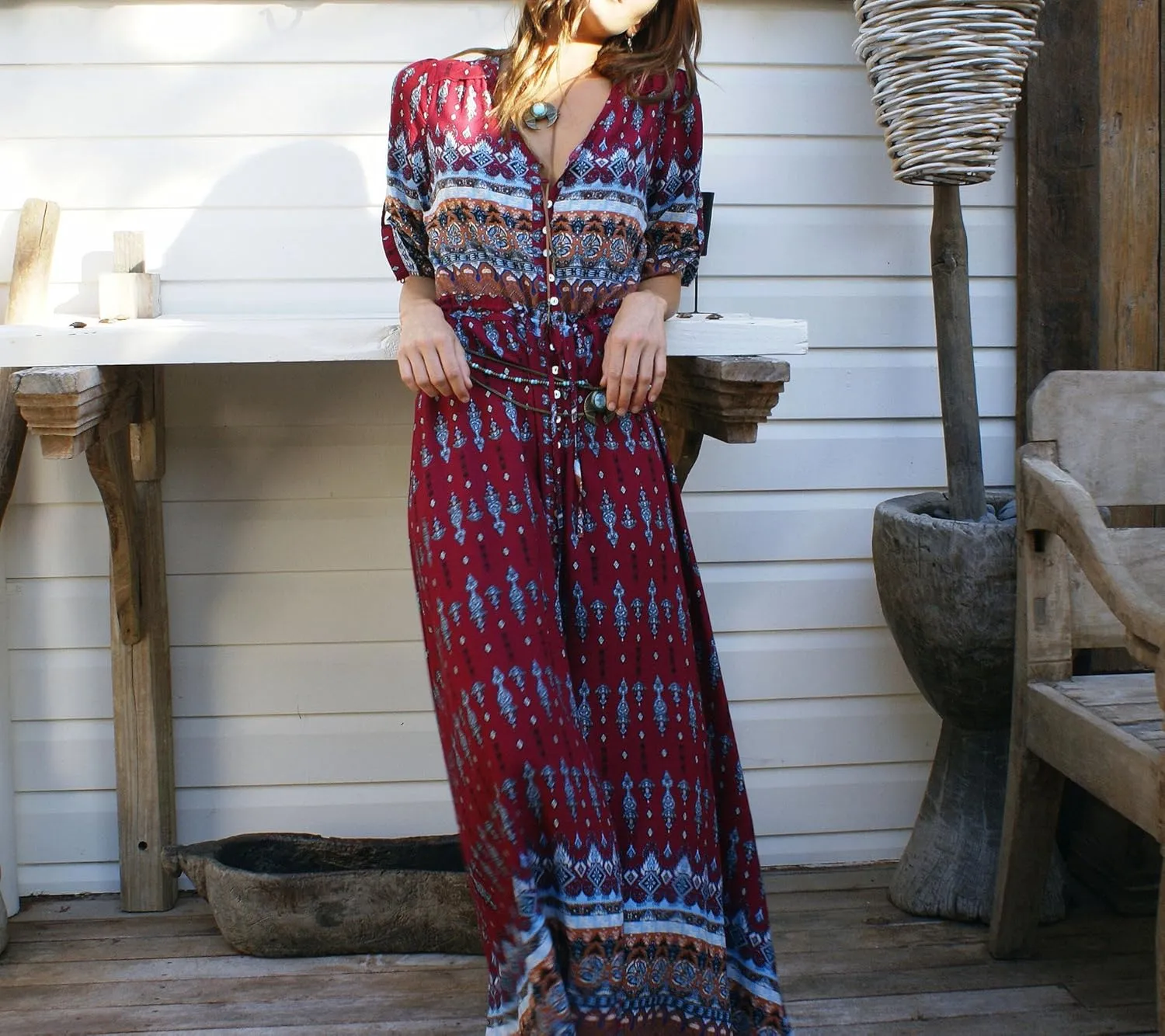 R.Vivimos Women's Summer Boho Button Up V Neck Floral Print Roll Up Causal Split Beach Midi Dresses