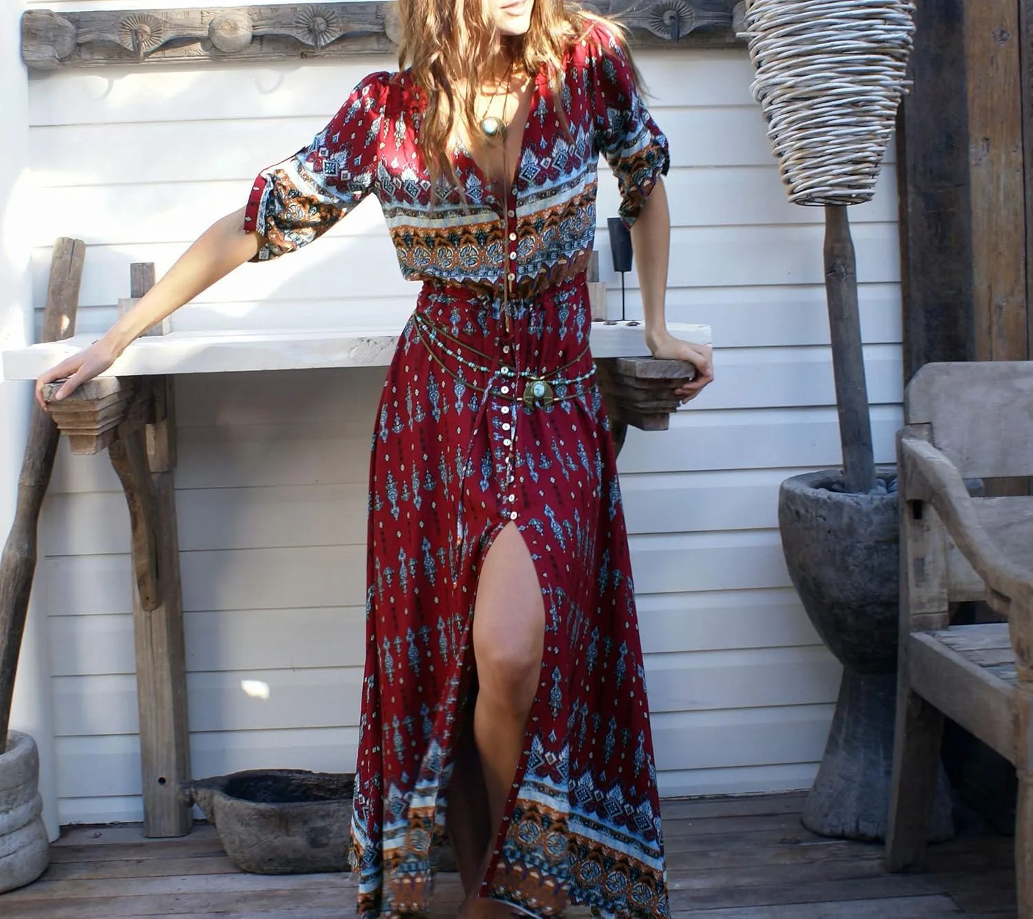 R.Vivimos Women's Summer Boho Button Up V Neck Floral Print Roll Up Causal Split Beach Midi Dresses