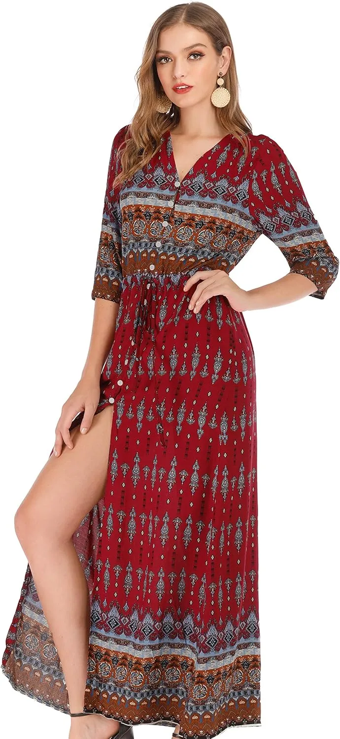 R.Vivimos Women's Summer Boho Button Up V Neck Floral Print Roll Up Causal Split Beach Midi Dresses