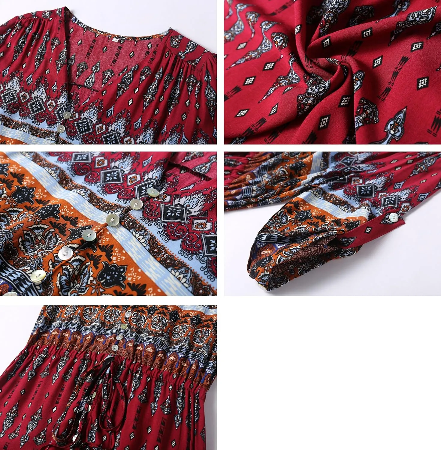 R.Vivimos Women's Summer Boho Button Up V Neck Floral Print Roll Up Causal Split Beach Midi Dresses