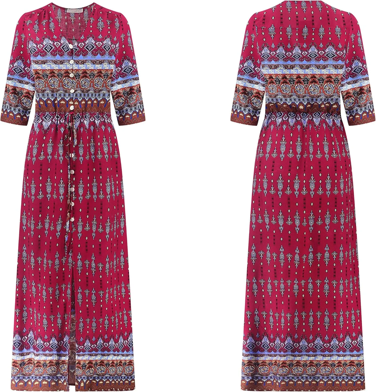 R.Vivimos Women's Summer Boho Button Up V Neck Floral Print Roll Up Causal Split Beach Midi Dresses