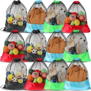 Sanwuta 12 Pack Mesh Drawstring Bags Net Backpack Mesh Sports Storage Bag for Beach Swimming Gym(Red, Blue, Green, Black)