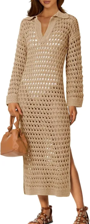Saodimallsu Womens Crochet Swimsuit Cover Up V Neck Collared Long Sleeve Mesh Knit Split Long Beach Coverup Dress