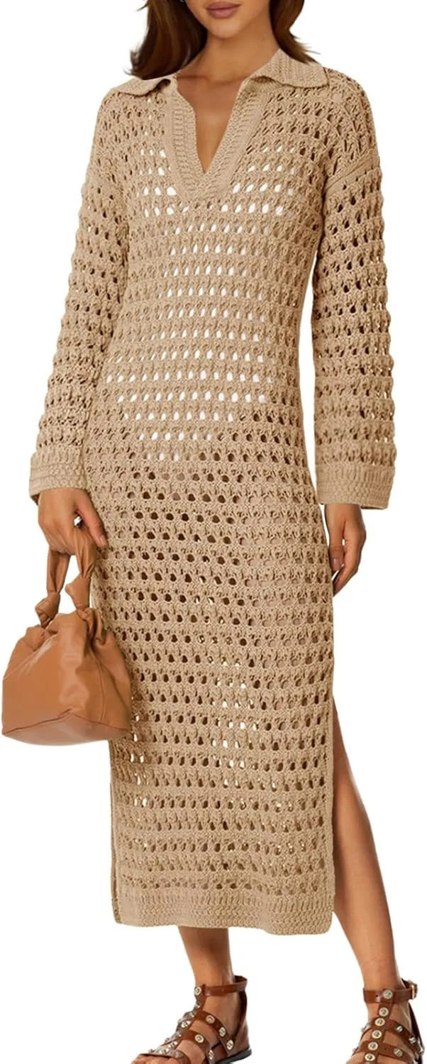 Saodimallsu Womens Crochet Swimsuit Cover Up V Neck Collared Long Sleeve Mesh Knit Split Long Beach Coverup Dress