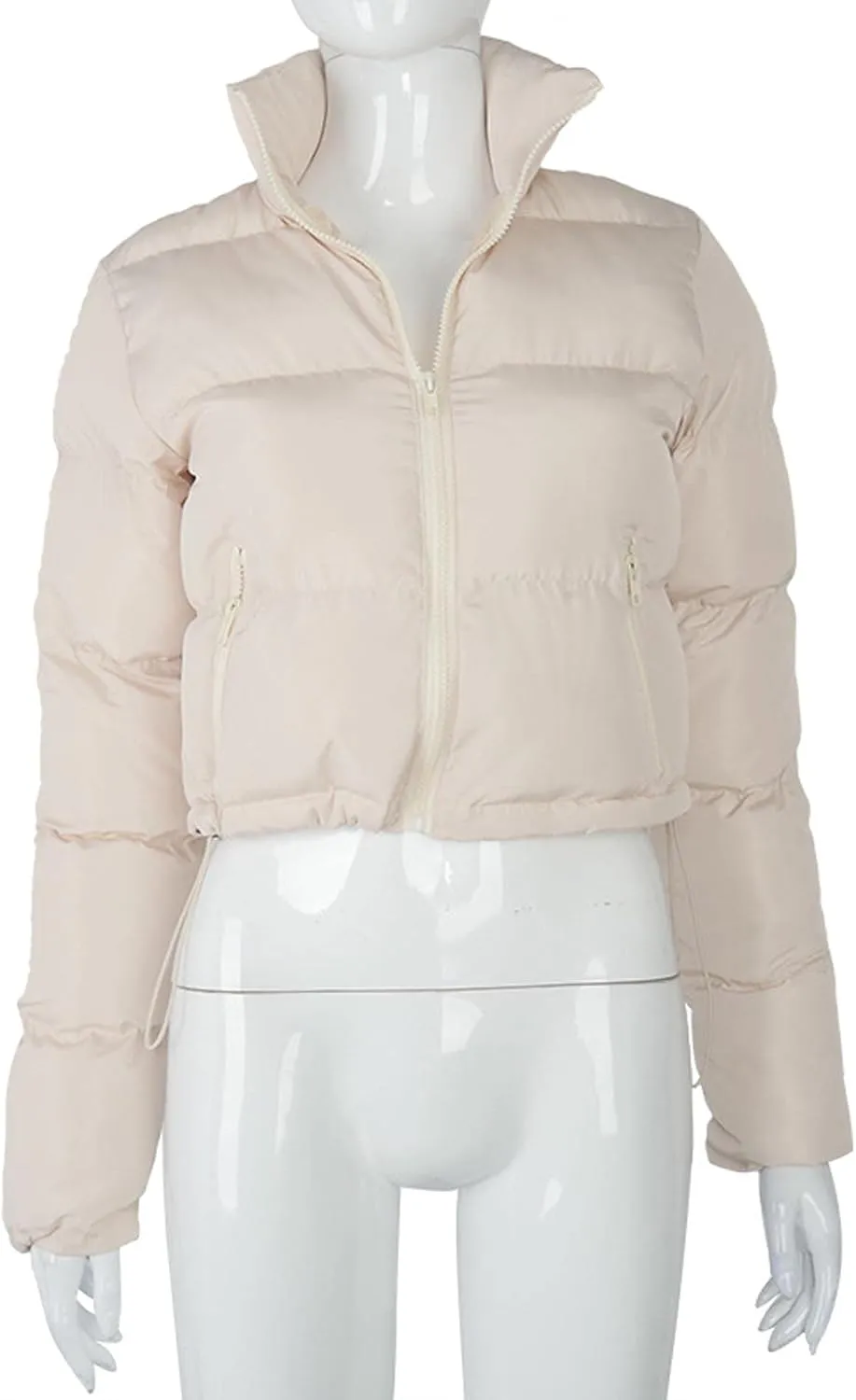 SEMATOMALA Women's Puffer Crop Jacket Zipper Quilted Bomber Outwear Stand Collar Warm Solid Drawstring Bubble Short Coat