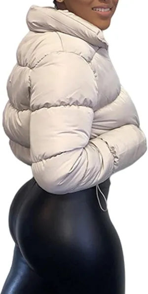 SEMATOMALA Women's Puffer Crop Jacket Zipper Quilted Bomber Outwear Stand Collar Warm Solid Drawstring Bubble Short Coat