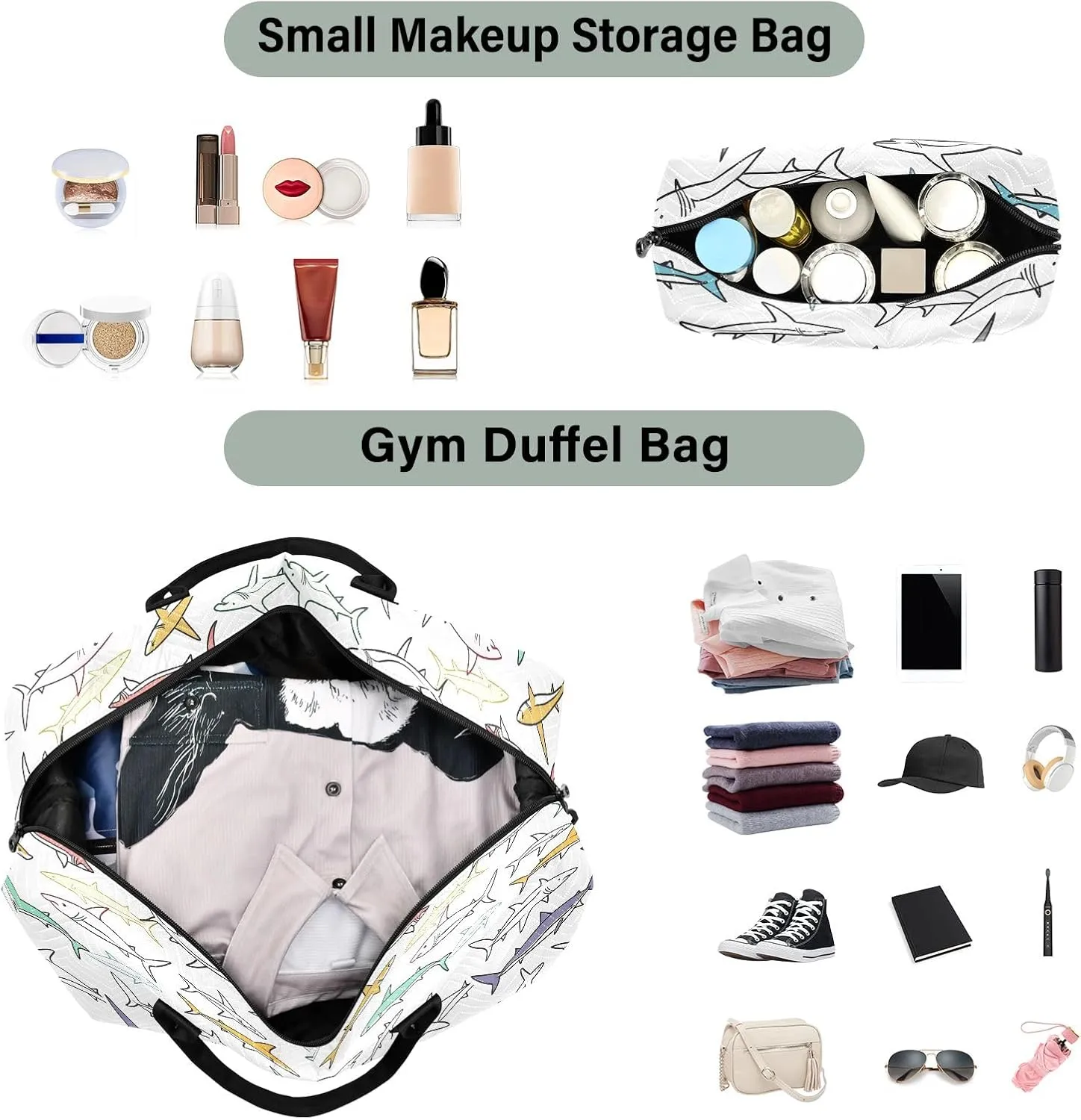 senya Weekender Bags Travel Duffel Gym Bag Sharks Carry on Overnight Tote Bag with Toiletry Bag for Airplane Travel Trip Gym Yoga
